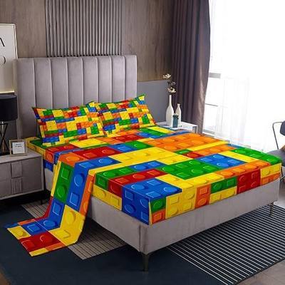 Feelyou Bed Sheet Set Twin Size Color Building Blocks Sheet Set Brick Sheets Bedroom Nursery Bedding Set with Flat Sheet Fitted Sheet Pillowcase 3Pcs