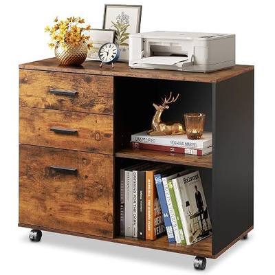 DEVAISE 3-Drawer Mobile File Cabinet, Lateral Filing Cabinet, Rustic Brown | Wood, Rolling Printer Stand, Under Desk Storage, Open Shelves, Fits Letter & A4 File, Home Office