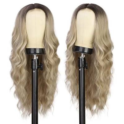 Earfodo Long Blonde Wigs for Women Long Wavy Wigs Natural Looking Ombre Blonde Wig Dark Roots Middle Part Heat Resistant Fiber Synthetic Wigs for Daily Party Use 24 inch