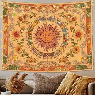 Accnicc Yellow Sun and Moon Tapestry Vintage Indie Boho Tapestry Wall Hanging with Sunflowers Butterfly Moth Constellation Aesthetic Wall Tapestries for Bedroom Dorm Living Room (Orange, 48'' × 36'')