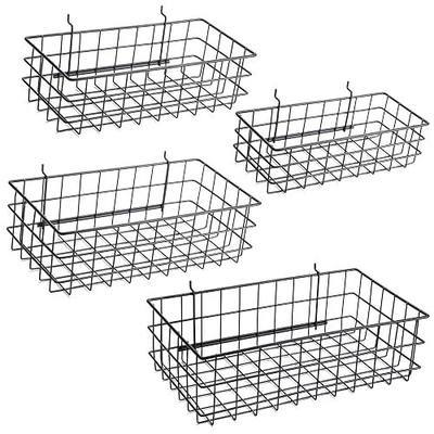 Pegboard Baskets, Set of 4 Black - Hooks to Any Peg Board - Pegboard Accessories, Square Style Wire Shelf Baskets - Organize Tools, Workbench, Garage Storage - Wall Organizer Attachments