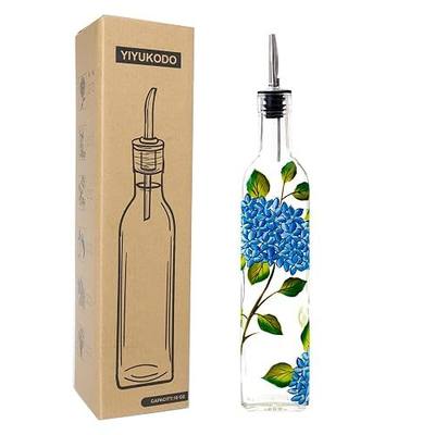 17oz Hand Painted Glass Olive Oil Bottle Dispenser - 500ml Green Oil & Vinegar Cruet with Pourers - Olive Oil Carafe Decanter for Kitchen (hydrangea)