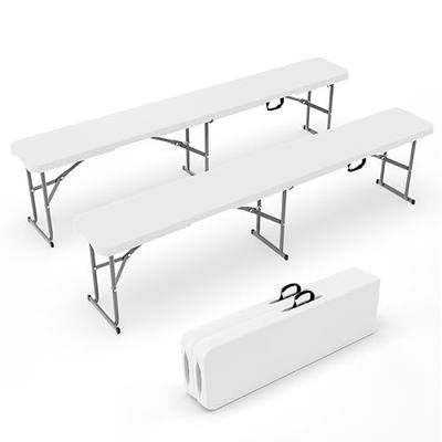 VINGLI 6 feet Folding Bench,Portable Outdoor Bench for Picnic Party Camping | Foldable Bench with Handle, Lightweight, HDPE Tabletop - BBQs, Sporting Events, and Temporary Seating (2, White, 6ft)