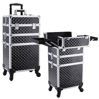 FRENESSA 3 in 1 Rolling Makeup Case Cosmetology Case on Wheel Vintage Black | Cosmetic Trolley Large Storage with Keys 360° Swivel Salon Barber Case Traveling Cart Trunk for Artist Hairstylists Nail Tech