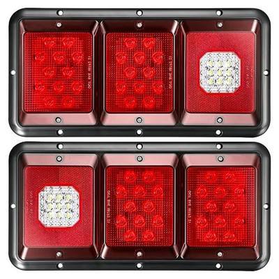 Partsam 2Pcs LED Triple Tail Lights 45 LEDs, Rectangle Vertical or Horizontal Mount LED Trailer Camper RV Tail Lights Stop Turn Tail Backup Reverse Lights Taillights w/Black Base - Red/Clear Lens