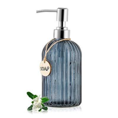 MOCLIF 16 OZ Soap Dispenser,Tempered Glass Clear Vertical Stripe with 304 Rust Proof Stainless Steel Pump Refillable Liquid Hand Soap Dispenser,for Bathroom, Kitchen, Dish Soap,Lotion (Blue Grey)