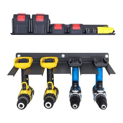 MIND&ACTION Cordless Drill Storage Rack Holds 4 Drills,Power Tool Storage Organizer Wall Mount Storage Holder for Garage,Workshop, Shed, Made of Heavy Duty Aluminum (Rack+Shelf)