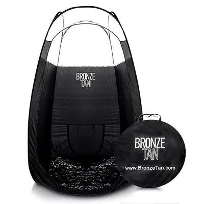 Bronze Tan Portable Pop Up Spray Tan Tent Booth with Carrying Case, Black | Waterproof pop-up booth for salons and mobile spray tan artists, with a black interior, fold-flat design, and carrying case.