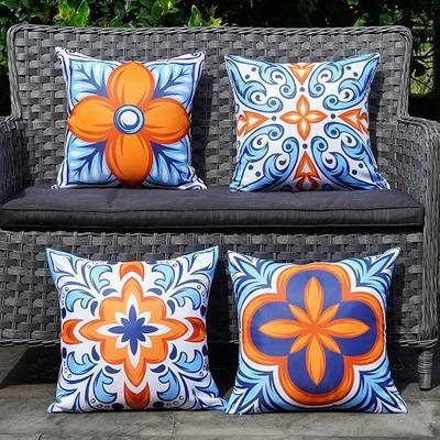 ONWAY Outdoor Pillow Covers Waterproof Set of 4 Floral Boho Decorative Throw Cushion Cover Farmhouse Pillows for Bench, Couch, Sunbrella and Patio Furniture (BlueOrange, 18x18 Inch)