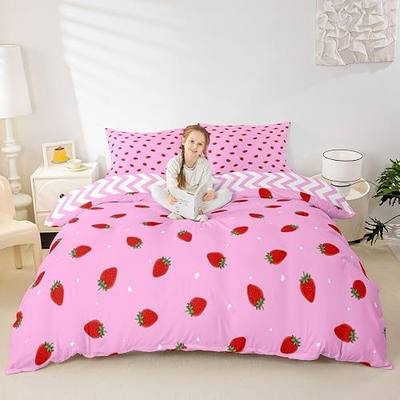Kawaii Bedding, Pink Strawberry Decor Comforter Cover Set, for Women Girls Kids Kawaii Room Decor, Cute Strawberry Bedding Sets Soft Reversible Cute Kawaii Strawberry Duvet Cover, Twin Size