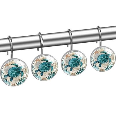 12pcs Ocean Turtles Shower Curtain Hooks, Retro Turtles Decorative Shower Curtain Hanger Rings Roller, Stainless Steel Round Shower Rings Hangers for Bathroom