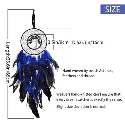 Dreamlike Deep Blue Tree of Life Dream Catcher Wall Decor with Healing Crystal Stone Handmade Feather Dream Catchers Decoration Wall Hanging for Girls Bedroom Living Room Wedding Party Home Décor