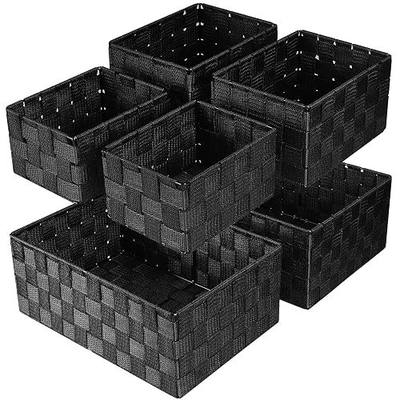 Storage Baskets with Lids: 6 Pack Stackable Woven Storage Bins, Black | Decorative Woven Baskets for Organizing with Built-In Handles for Shelves, Closets, Cabinets and Cubbies, Gift Small Basket