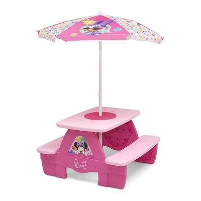Disney Minnie Mouse 4 Seat Activity Picnic Table with Umbrella and LEGO Compatible Tabletop by Delta Children
