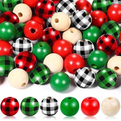 Maitys 180 Pieces Christmas Craft Beads Buffalo Plaid Wooden Beads Colorful Farmhouse Natural Handmade Round Bead for DIY Arts Holiday Christmas Tree Garland Xmas Home Decor(Classic Color)