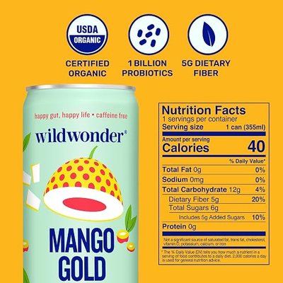 wildwonder Sparkling Probiotic Juice Drink w/Gut Health Immunity, Digestion Support,5g Fiber, Live Probiotics, Caffeine Free, Organic, Vegan, Low Sugar, 12pk 12oz Mango Gold, As Seen on Shark Tank | Gut health & immune support | 5g prebiotic fiber | Live probiotics | Organic, vegan, low sugar | 12oz