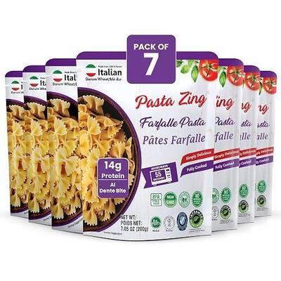 Pasta Zing Farfalle Pasta, Ready in 1 Minute, Fully Cooked Bowtie Pasta, Perfect Al Dente Bite, 14g Protein Per Pouch, Zero Sodium, Non-GMO Microwave Pasta, 7.05oz Pack of 7