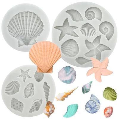3 PCS Marine Theme Cake Fondant Silicone Mold Seashell Conch Starfish Coral Baking Molds for DIY Cake Decoration Chocolate Candy Polymer Clay Crafting Projects