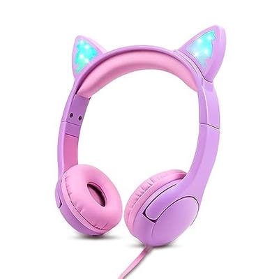 Olyre Kids Wired Headphones LED Light-Up Cat Ears Headset, Dual Audio Jack | Kids kitty headphones with microphone for school toddlers, girls, boys, gaming; Long cord; Volume limited; Adjustable