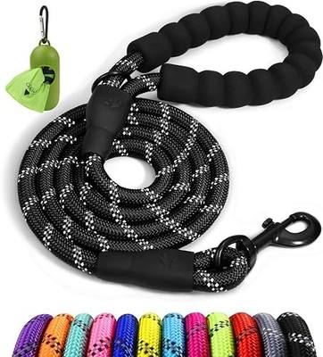 Taglory Rope Dog Leash for Medium Large Dogs, 6 FT Padded Handle, Black | Climbing Rope for Strong Pullers, Reflective for Night Walks and Training, Comfortable Grip, Anti-tangle Swivel Clip 1/2 inch