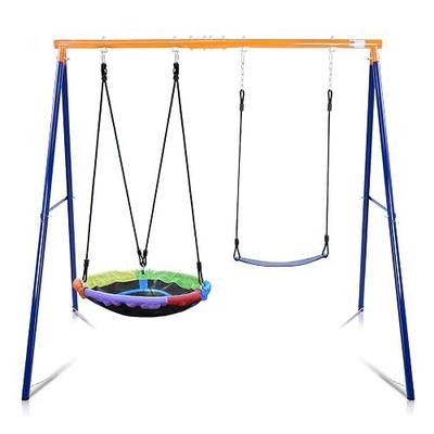 Lunafun Swing Sets for Backyard, 440lbs Swing Set with Heavy-Duty A-Frame Metal Stand, 1 Saucer Swing Seat & 1 Belt Swings Seat