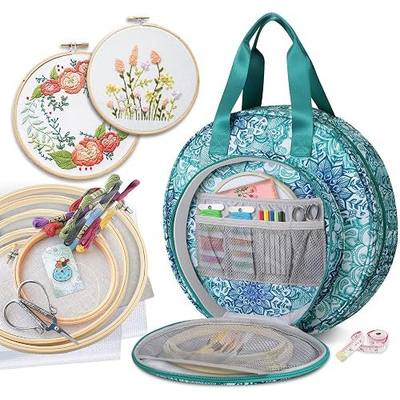 FINPAC Embroidery Project Bag, Embroidery Kits Storage Carrying Tote Bag | Embroidery Supplies Case with Multiple Pockets for Floss, Hoops, Thread, Stitch Tools Kit, Emerald Illusions