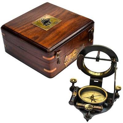 Brass Sundial Compass - Antique Sailing Anniversary Sundial Calibrated Compass Gift, Sundial with Wooden Box and Chart, Unique Vintage Sundial Compass Gift for Him or Her