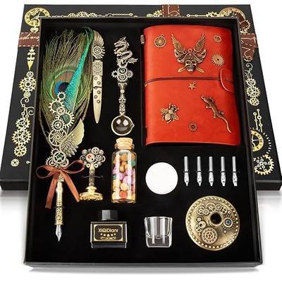 Quill Pen and Ink set,with Leather Notebook Feather Quill Pen Dip Pen,Wax Seal Stamp Kit,Calligraphy Pen Gift for Women & Man.(Peacock)