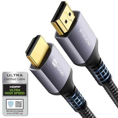 Stouchi 8K HDMI Cable 48Gbps Ultra High Speed Extra Long HDMI® Cord CL3 in-Wall Rated, 4K@120Hz 8K@60Hz eARC DTS:X HDCP 2.2&2.3 HDR10+ Compatible for PS5 SoundBar AVR UHD TV 15FT/5M 1Pack Grey