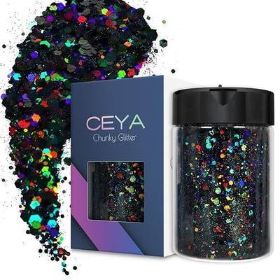 Ceya Holographic Chunky Glitter, 4.9oz/ 140g Black Craft Glitter Powder Mixed Chunky Fine Flakes Iridescent Nail Sequins for Nail Art, Hair, Epoxy Resin, Tumblers, Slime, Painting, Festival Decor