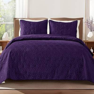 Whale Flotilla Soft King Quilt Bedding Set 3-Pieces Lightweight Bedspread | Purple microfiber breathable all season quilts for bed, reversible coverlet with 2 pillow shames, modern geometric pattern