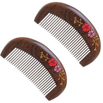 Pocket Size Wood Comb,No Static No Snag Hair Comb – Wide Tooth Sandalwood Comb for Women with Flower drawing 2pcs with free pouch…