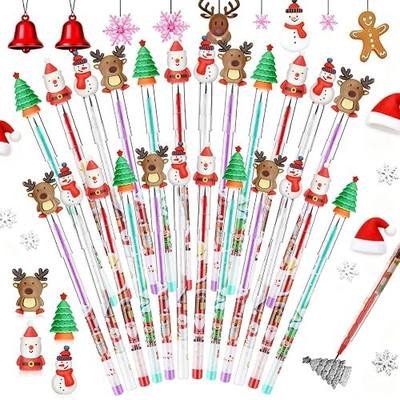 Zonon 24 Pieces Christmas Pencils Bulk, Multi Point Stackable Push Pencil with Toppers, Santa Claus Snowman Elk Pens for Kids Classroom Rewards, School Party Supplies,Christmas Stocking Stuffer