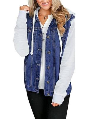 LookbookStore Women Long Sleeve Patchwork Denim Jacket Button Hooded Jean Coat