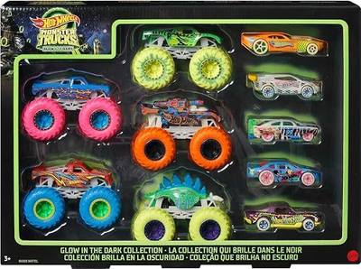 Hot Wheels Toy Monster Trucks 10-Pack of Glow-in-the-Dark 1:64 Scale Vehicles, GITD Set of 5 Trucks & 5 Cars, Play Vehicles for Kids & Collectors