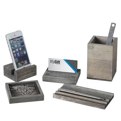 MyGift Vintage Gray Wood 5 Piece Office Supplies Desk Organizer Set with Slotted Pen Tray, Pencil Cup, Memo Pad Tray, Card Holder and Phone Stand