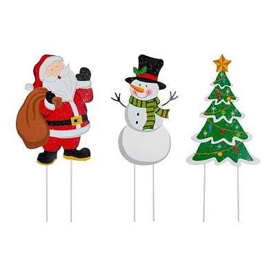 Glitzhome 3 Pack Metal Santa Yard Stake, 24" H Snowman Tree Yard Sign with Stakes for Winter Christmas Home Garden Lawn Patio or Wall Décor