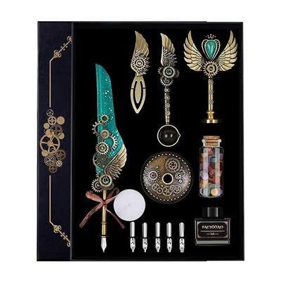 Quill Pen Set, Green, Feather Pen, Ink, Bookmarks, Seals, Nibs, Wax Bead, Envelopes, Writing Paper, Gift Box