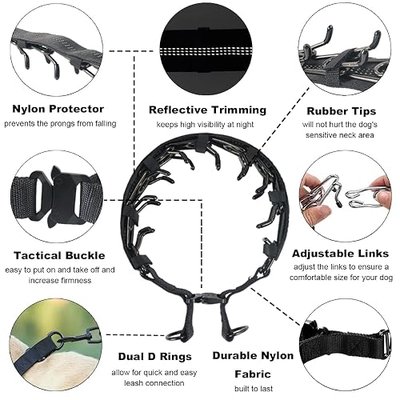 Prong Collar, Pinch Collar for Small Medium Large Dogs, No Pull Tactical Dog Collar with Quick Release Buckle, Reflective Prong Collar Cover, Extra Links, Rubber Tips (Black, Large)