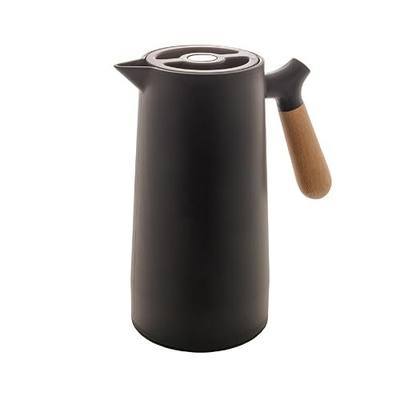 WOLFF - Thermal Coffee Carafe - 34oz / 1L Insulated Plastic Exterior Carafe for Hot or Cold Drinks - Leakproof Coffee and Tea Dispenser with Wood-like Handle and Glass Liner - Black, 34floz/1L