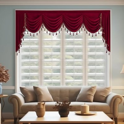 StangH Blush Beige Velvet Valances Curtains for Kitchen/Nursery Girls Room, Half Window Tassel Tier Curtains Room Darkening Home Decor for Living Room, W52 x L18, 2 Panels