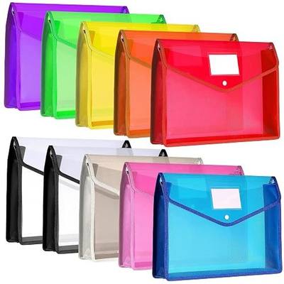 10 Pieces Plastic File Folders Envelope Expanding File Wallet Organizer Documents Folder with Snap Closure and Pocket, A4 Size Waterproof Transparent Pouch(Multicolor,Horizontal)