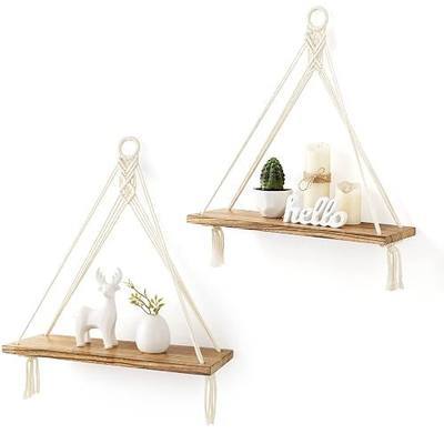 Mkono Macrame Hanging Shelves Boho Wall Decor Set of 2 Rustic Wood Floating Storage Shelf for Bedroom Bathroom Living Room Nursery Dorm Room, Display Shelving for Hanging Plants Photos
