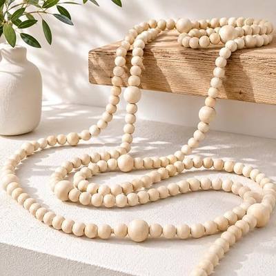 12 Feet Summer Christmas Wooden Beads Garland Round Craft Farmhouse Vintage Christmas in July Wood Bead Garlands for Xmas Supplies(Natural Color)