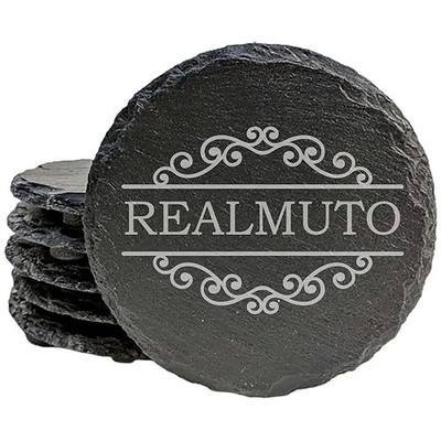 Engraved Ornate Split Frame Coasters Set of 6 – Personalized Last Name – 4 Inch Round Natural Slate – Elegant Home Bar Decor Wedding Anniversary Housewarming Gift – Handcrafted Oregon USA