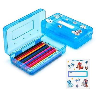 GAMENOTE Plastic Pencil Box with Personalized Sticker,Kid Hard Pencil Case with Snap-tight Lid,Small Art Craft Storage Containers,School Supplies Box for Boys,Girls (Blue)
