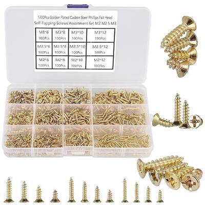 1200Pcs Tiny Phillips Flat Head Self Tapping Screws for Wood, Plastic and Soft Metal. M2 M2.5 M3 Small Countersunk Tapper Screws Set for DIY Micro Woodworking Furniture Box. Golden,Carbon Steel
