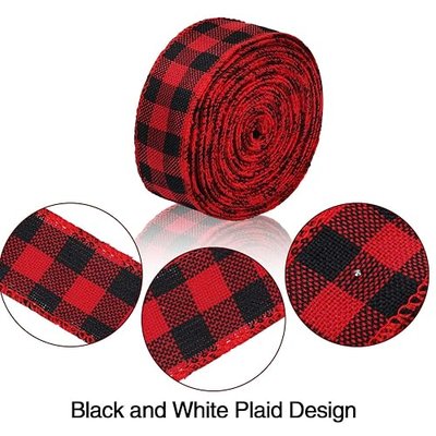 3 Rolls 1.4 Inch x 26 Yard Buffalo Plaid Burlap Wired Ribbon Weave Ribbon with Wired Edge Bows Craft Decoration for Big Bow Wreath Tree Decoration Outdoor (Black and Red Plaid)