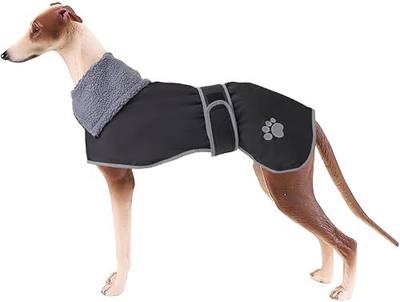 Geyecete Dog Winter Coat Geyecete Greyhound Raincoat Fabric with Lamb Velvet Inside Outdoor Dog Apparel with Adjustable Bands for Medium, Large Dog-Black-XS