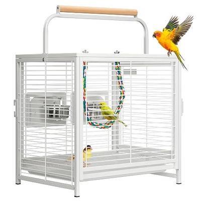VIVOHOME 19 Inch Wrought Iron Travel Bird Cage for Cockatiel Parakeets | Bird Travel Carrier Cage with Wooden Handle/Perch, Slide-out Tray for Small Parrots Conures Lovebirds Canaries Finches, White